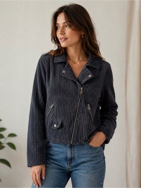 VIGOSS Gray Corduroy Moto Jacket Plaid Lined Asymmetrical Zip‎ Edgy Boho L Large